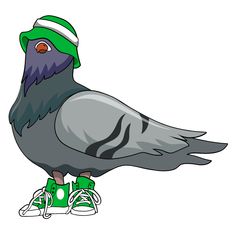 a pigeon with green shoes and a hat