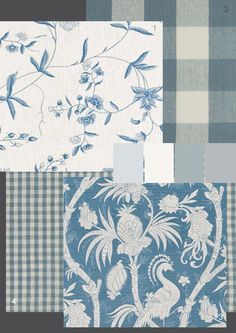 four different patterns and designs in blue, white and grey colors are featured on the same wallpaper