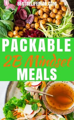 a plate with salad, meats and dressing on it that says packable 28 minds meals