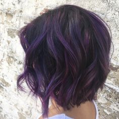 Plum Baylage Hair, Purple Mid Length Hair, Black Hair With Purple Highlights Short, Purple Underneath Hair Brown, Purple Panelling, Purple Hair Highlights Brown, Black And Purple Hair Short, Purple Lob, Purple Lowlights In Brown Hair