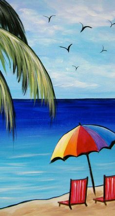 a painting of two chairs and an umbrella on the beach