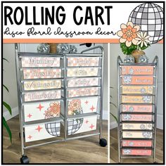 rolling cart with drawers and flowers on it