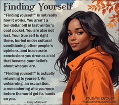 a woman in an orange jacket with the words finding yourself