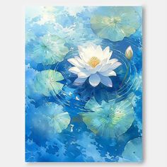 a white flower floating on top of water surrounded by lily pads and blue sky in the background