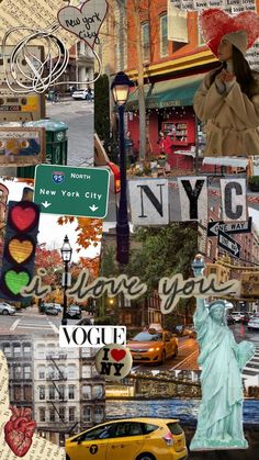 the collage is made up of many different things in new york, including a statue of liberty