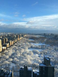 an aerial view of the city with snow covered trees and buildings in the foreground