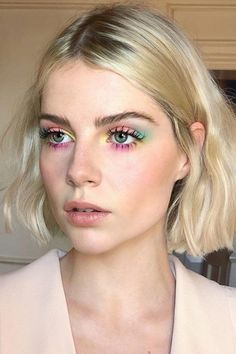 Multi Color Makeup Look, Pearls On Face Photoshoot, Character Inspo Woman, Spring Inspired Makeup, Pride Hair Ideas, Fun Bridal Makeup, Fun Eyeshadow Looks Brown Eyes, Colorful Bridal Makeup, Fun Eyeshadow Looks Easy