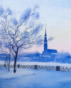 a painting of a snowy landscape with a church in the background