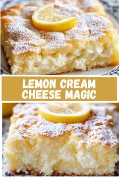 lemon cream cheese magic cake on a plate