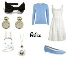 some clothes and accessories are laid out on a white surface with the words alice written in black