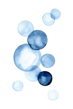 blue circles are floating in the air on a white background, watercolor drawing by person