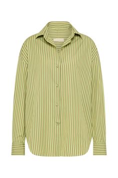 A classic oversized button-up shirt with organic oval shape buttons down the front. Cut from a yarn-dyed green stripe organic cotton, it is both transeasonal and versatile in styling, making for the perfect addition to your capsule wardrobe. Layer over swim or pair with a classic trouser for work to weekend wear. Oversized Green Button-up Shirt, Green Loose Fit Button-up Shirt, Everyday Green Shirt For Spring, Oversized Striped Shirt With Button Closure, Green Cotton Blouse For Daywear, Classic Green Oversized Top, Oversized Green Classic Top, Oversized Green Cotton Blouse, Classic Oversized Green Top