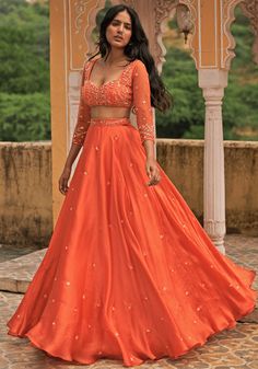 Orange Satin Organza Lehenga Set Zoon Tribe - Fabilicious Fashion Orange Indian Outfit, Placement Pattern, Mehendi Dress, Mehendi Night, Sheer Dupatta, Satin Lehenga, Orange Lehenga, Lehenga Saree Design, Organza Embroidery