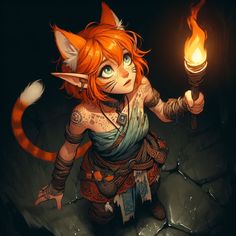 an orange haired girl holding a lit candle in her right hand while standing next to a cat