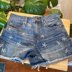 These Shorts Are A Staple For Your Summer Wardrobe. The White And Yellow Flower Embroidery Is Super Cute And Fun For Summer. Embroidered Shorts, Flower Embroidery, Yellow Flower, Embroidery Flowers, Summer Wardrobe, Yellow Flowers, The White, Madewell, Jean Shorts