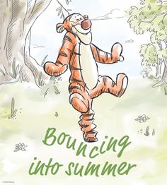 a drawing of a cartoon tiger dancing in the grass with words bouncing into summer above it