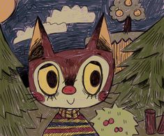 a drawing of a cat in the woods