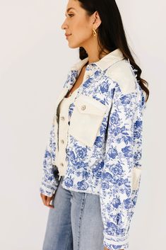 this vintage-inspired cropped jacket will solve any boring outfit crisis. lightweight + luxurious, it features a damask blue floral pattern + distressed lace patchwork panels. kinda oversized + kinda iconic, it’s perfect for layering over tanks + tees all season long. blue + ivory floral // collared, buttons, breast pockets, cuffed sleeves, exposed hem, side slits paired with our maren top + olivia wide leg denim model is 5'8" + wearing a small measurements are approximate + taken while laying f Oversized Cotton Outerwear With Floral Print, Crochet Lace Jacket, High Heel Wedges Platform, Flowers Crochet, White And Blue Flowers, Tea Shirt, Romper And Jacket, Blue Floral Pattern, Patchwork Jacket