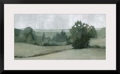 an abstract painting of trees in the distance with hills and grass behind it, framed in black frame