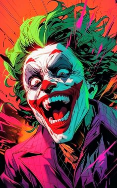 the joker from batman comics with his green hair and red eyes, painted in neon colors