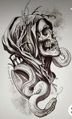 a black and white drawing of a skull with a snake wrapped around it's neck