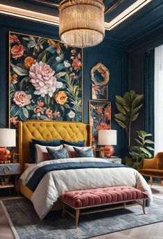 a bedroom with blue walls, floral wallpaper and gold bedding in the middle