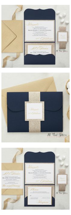 the wedding stationery is set up with gold foil and navy blue paper, along with matching envelopes