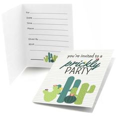 a party card with a cactus theme on the front, and a notepad attached to it