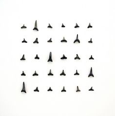 a group of small black objects on a white surface in the shape of an arrow