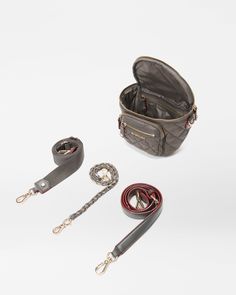 the contents of a purse and leash laid out on a white surface, including an empty case