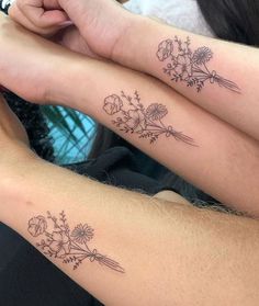 The Best 100 First Tattoo Ideas - TheTatt Womens First Tattoo Ideas, Sister Tattoos For 3 Flowers, Small Tattoo Ideas For Family, Trio Family Tattoo, Cute Tattoos For Family, Trio Flower Tattoos, Group Of Flowers Tattoo, 5 Birth Flower Tattoos, Friend Flower Tattoo