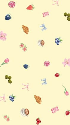 an image of fruit and vegetables on a light yellow background with pink flowers, berries, cherries, croissants