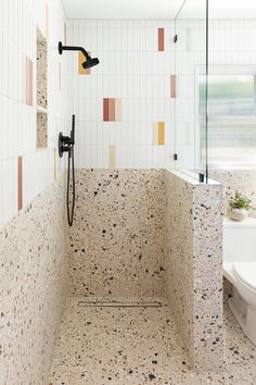 a bathroom with a toilet, shower and tiled walls in the same color as the tiles