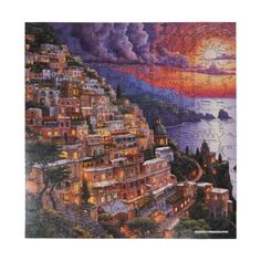 a painting of a city at night with the sun setting over the ocean and mountains in the background