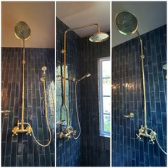 three different views of a shower head and hand held shower faucet in a blue tiled bathroom