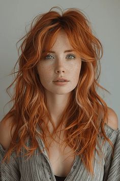 WOLF CUT WAVY HAIR - Kwinfi Light Strawberry Blonde, Mullet Haircut, Ginger Hair Color, Portraiture Painting, Copper Hair Color, Beautiful Red Hair, Strawberry Blonde Hair, Curly Hair With Bangs