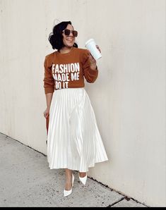 Dress And Chucks Outfit, Black And White Graphic Tee Outfit, Sweatshirt Classy Outfit, Balloon Skirt Outfit Black Women, Modest Outfit Ideas Black Women, Sweater Dress Outfit Work, Christian Conference Outfit, Sunday Church Outfits Fall, Crewneck Skirt Outfits