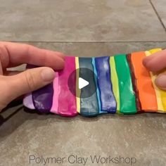 a person is holding an object made out of colored plastic strips and the words polymer clay workshop on it