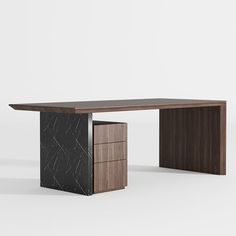 an office desk with two drawers and a black marble block on the top, against a white background