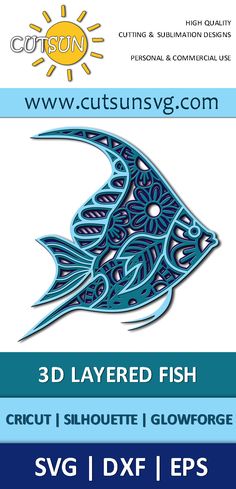 a blue fish with intricate designs on it's side and the words, 3d layered fish cricut silhouette glowforge svg dx