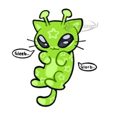 an image of a green cat with black eyes and stars on it's face