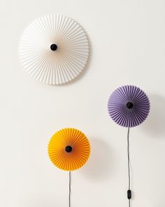 three different colored paper fans hanging on the wall