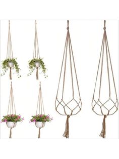 four hanging planters with flowers in them and one holding a potted plant on the other