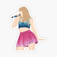 a girl in a skirt singing into a microphone with stars on her shirt sticker