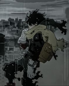 an anime character is walking in the rain with his back to the camera while holding onto a backpack