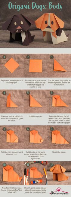 an origami dog is shown with instructions to make it