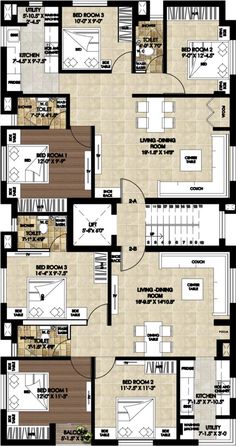 an apartment floor plan with three bedroom and two bathroom areas in the same area,