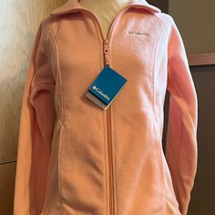 No Hood Light Pink Pockets Zip Up Brand New Casual Pink Fleece Jacket For Outdoor Activities, Fitted Hooded Fleece Jacket Casual, Casual Fleece Jacket For Cold Weather In Spring, Casual Fleece Jacket For Spring Cold Weather, Casual Spring Fleece Jacket For Cold Weather, Fitted Casual Fleece Jacket For Outdoor, Vintage Quarter Zip, Columbia Sweaters, Columbia Fleece