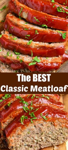 sliced meatloaf with ketchup and parsley on top, in front of the rest