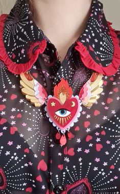 Flaming Winged Heart Statement Necklace - Etsy Winged Heart, Red Neon, Red Marble, Mirror Gold, Heart Pin, Plastic Crafts, Glitter Acrylics, Boho Diy, Blue Marble